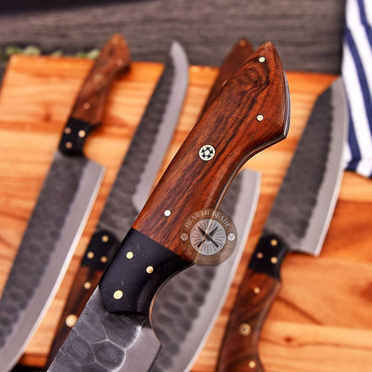 Hand Forged D2 Steel Chef Knife Set - 5 Piece Professional Kitchen Knives with Rosewood & steel Handle - Gift for Chefs, Home Cooks