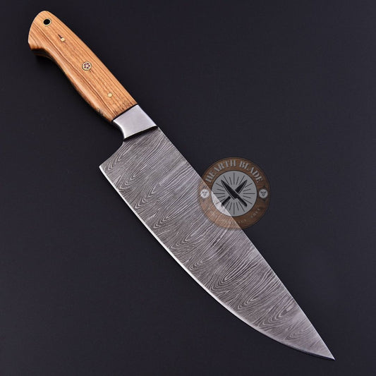 Artisan Crafted Damascus Steel Chef Knife – Hand-Forged with Burlwood & Steel Handle