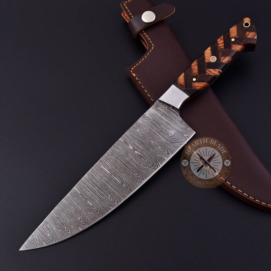 Artisan Crafted Damascus Steel Chef Knife – Hand-Forged with Olive Brown & Steel Handle