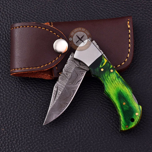 Custom Engraved Damascus Steel Folding Knife with Greenwood & steel Handle - Personalized Gift for Men