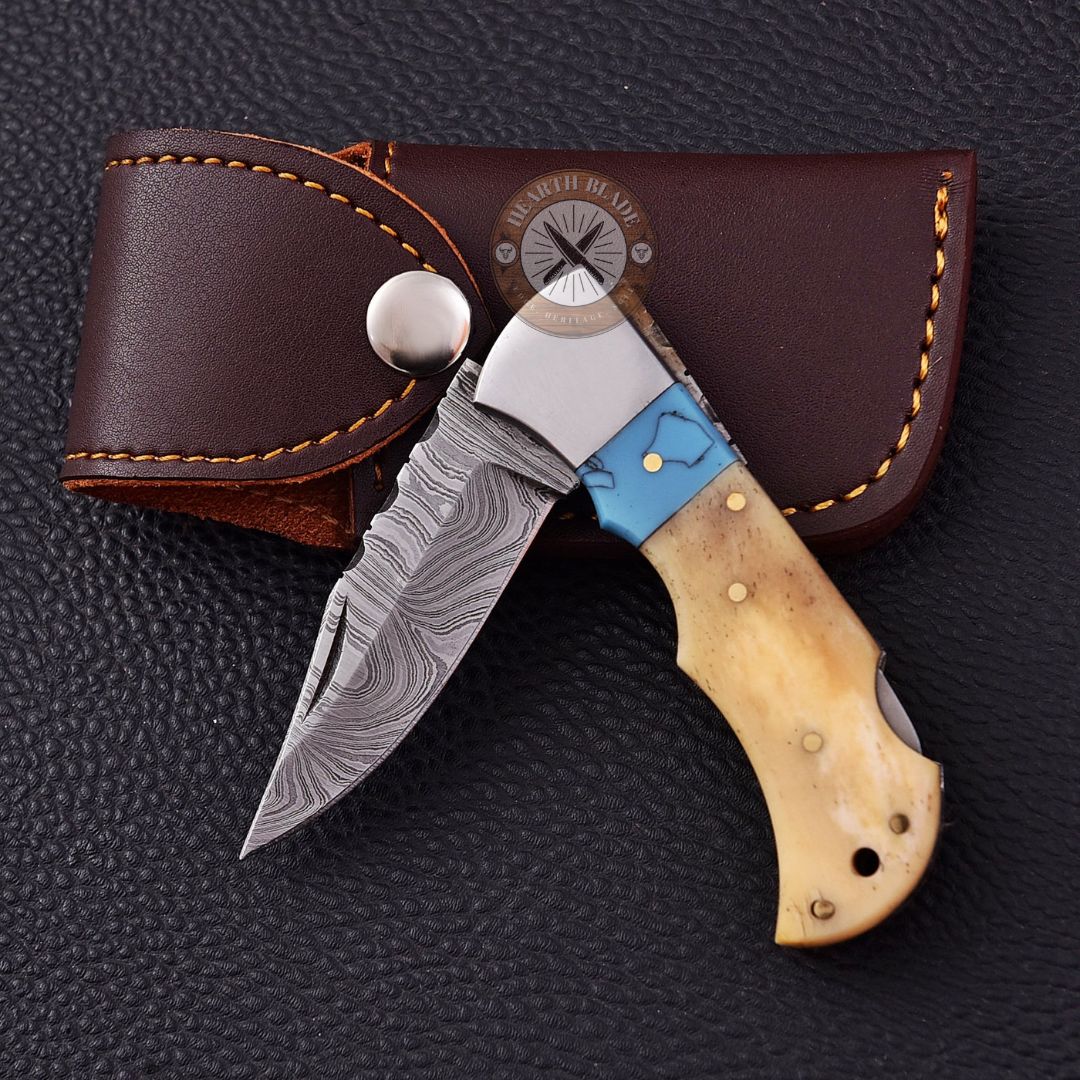 Custom Engraved Damascus Steel Folding Knife with Bonewood & steel Handle - Personalized Gift for Men