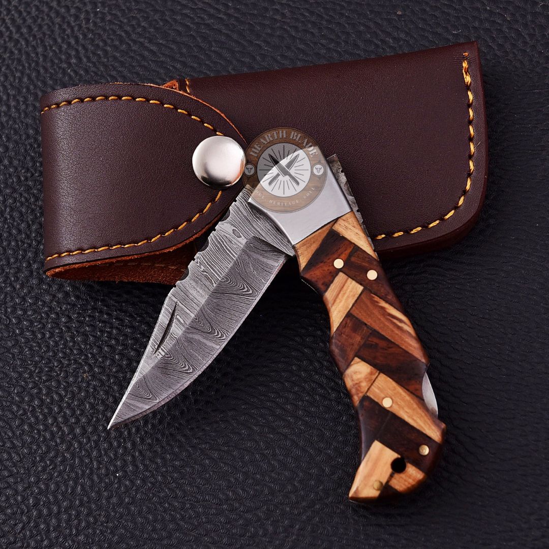 Custom Engraved Damascus Steel Folding Knife with Olive/brownwood & steel Handle - Personalized Gift for Men