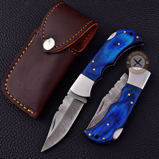 Custom Engraved Damascus Steel Folding Knife with Bluewood & steel Handle - Personalized Gift for Men