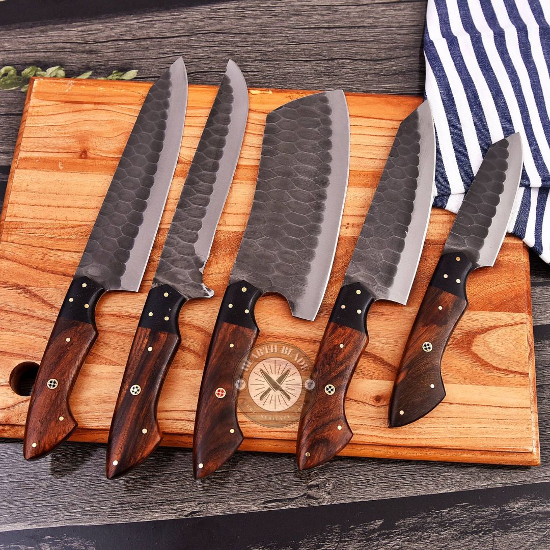 Hand Forged D2 Steel Chef Knife Set - 5 Piece Professional Kitchen Knives with Rosewood & steel Handle - Gift for Chefs, Home Cooks