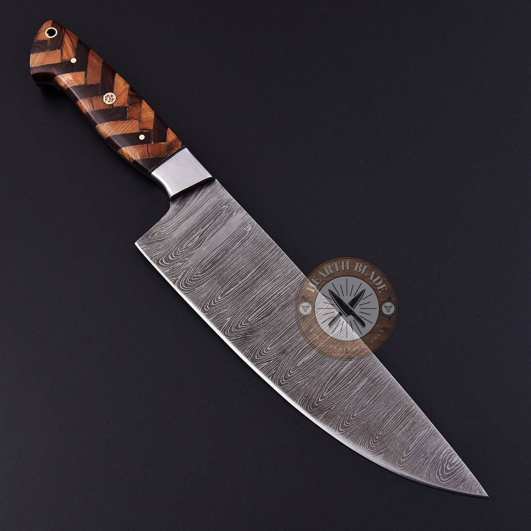 Artisan Crafted Damascus Steel Chef Knife – Hand-Forged with Olive Brown & Steel Handle