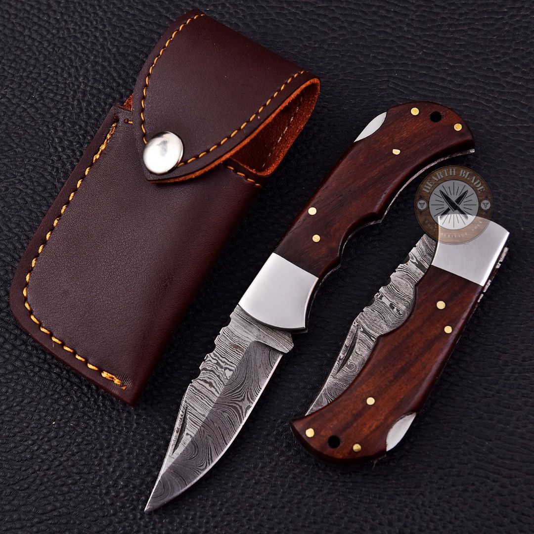 Custom Engraved Damascus Steel Folding Knife with Brownwood & steel Handle - Personalized Gift for Men