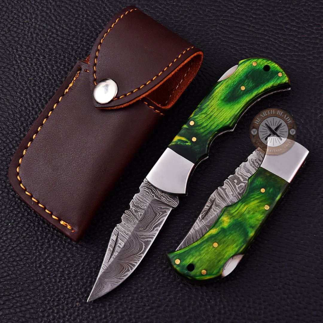 Custom Engraved Damascus Steel Folding Knife with Greenwood & steel Handle - Personalized Gift for Men