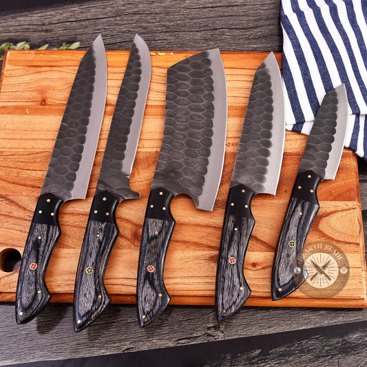 Hand Forged D2 Steel Chef Knife Set - 5 Piece Professional Kitchen Knives with Blackwood & steel Handle - Gift for Chefs, Home Cooks