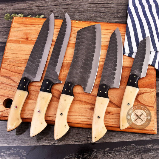 Hand Forged D2 Steel Chef Knife Set - 5 Piece Professional Kitchen Knives with Bonewood & steel Handle - Gift for Chefs, Home Cooks