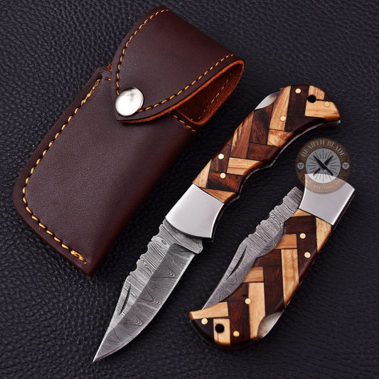 Custom Engraved Damascus Steel Folding Knife with Olive/brownwood & steel Handle - Personalized Gift for Men