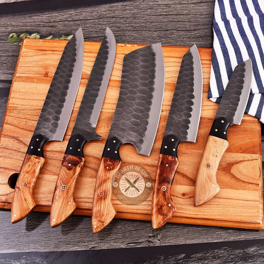 Hand Forged D2 Steel Chef Knife Set - 5 Piece Professional Kitchen Knives with Burlwood & steel Handle - Gift for Chefs, Home Cooks