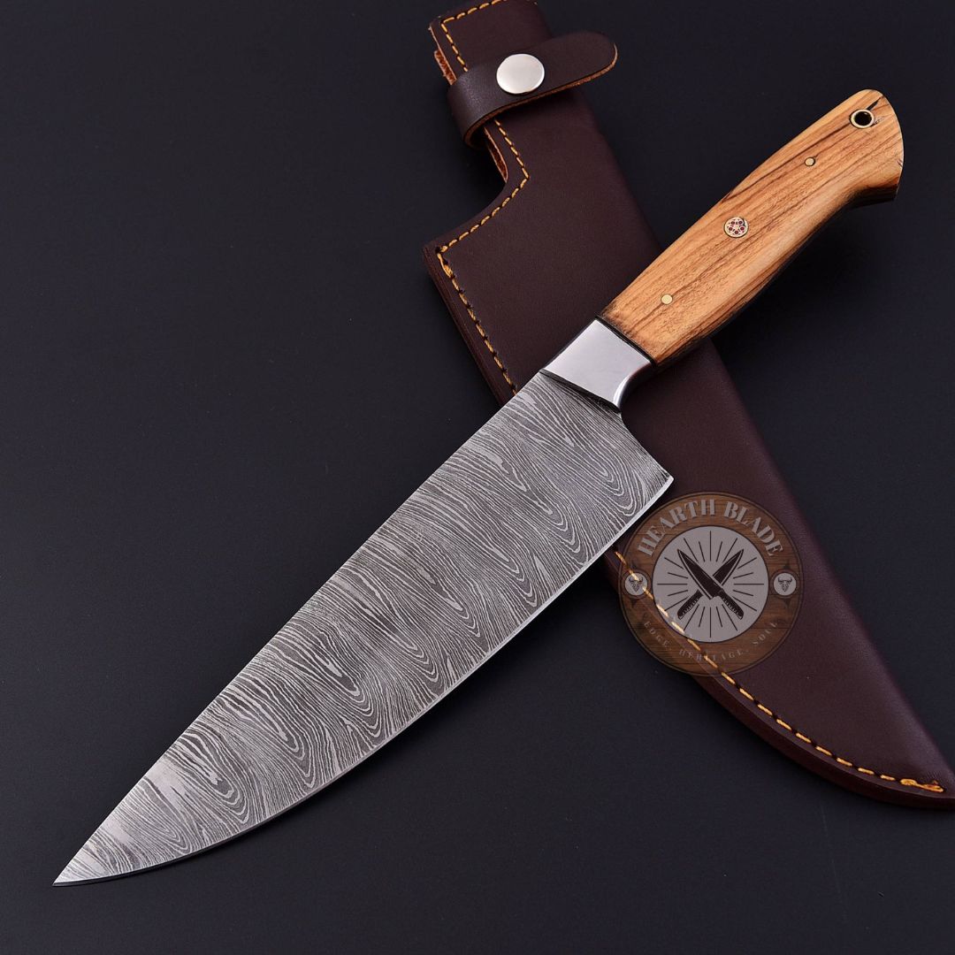 Artisan Crafted Damascus Steel Chef Knife – Hand-Forged with Burlwood & Steel Handle