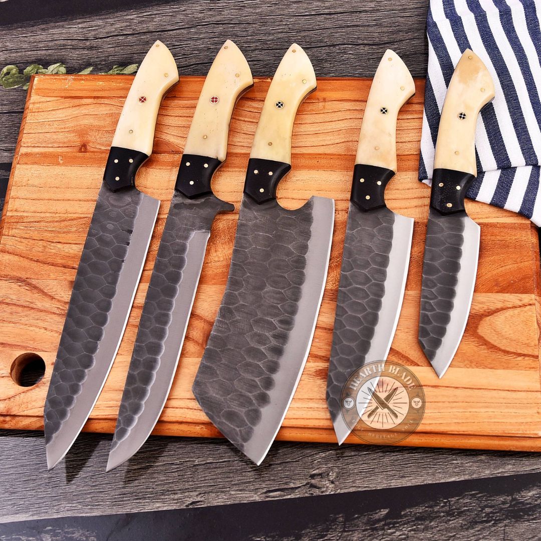 Hand Forged D2 Steel Chef Knife Set - 5 Piece Professional Kitchen Knives with Bonewood & steel Handle - Gift for Chefs, Home Cooks