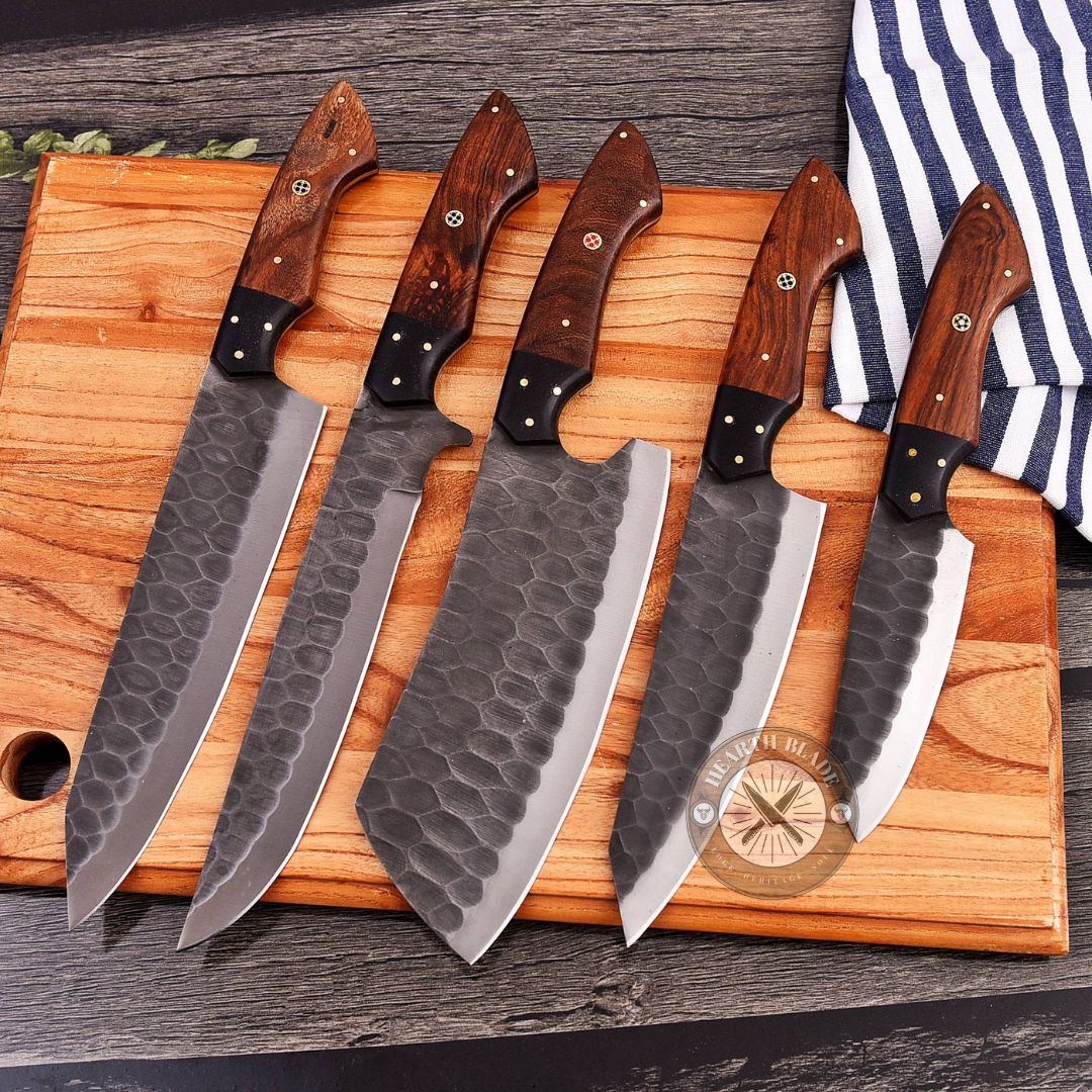 Hand Forged D2 Steel Chef Knife Set - 5 Piece Professional Kitchen Knives with Rosewood & steel Handle - Gift for Chefs, Home Cooks