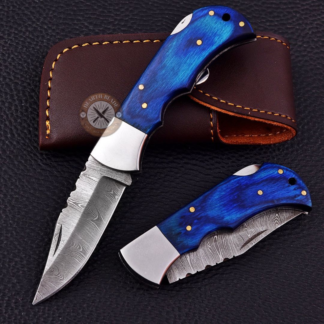 Custom Engraved Damascus Steel Folding Knife with Bluewood & steel Handle - Personalized Gift for Men