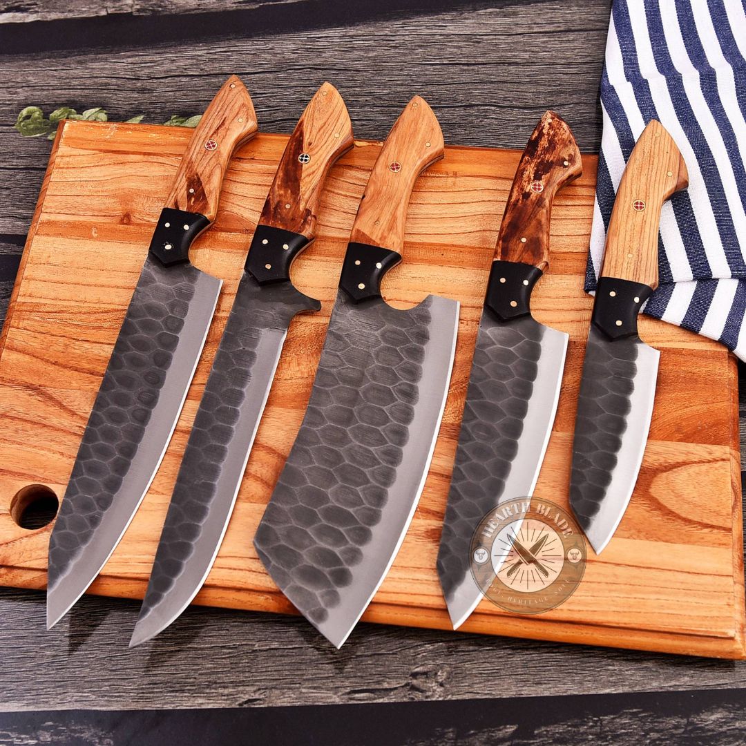 Hand Forged D2 Steel Chef Knife Set - 5 Piece Professional Kitchen Knives with Burlwood & steel Handle - Gift for Chefs, Home Cooks