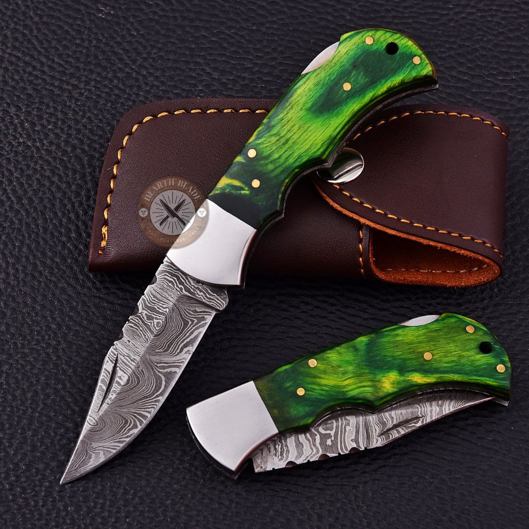 Custom Engraved Damascus Steel Folding Knife with Greenwood & steel Handle - Personalized Gift for Men