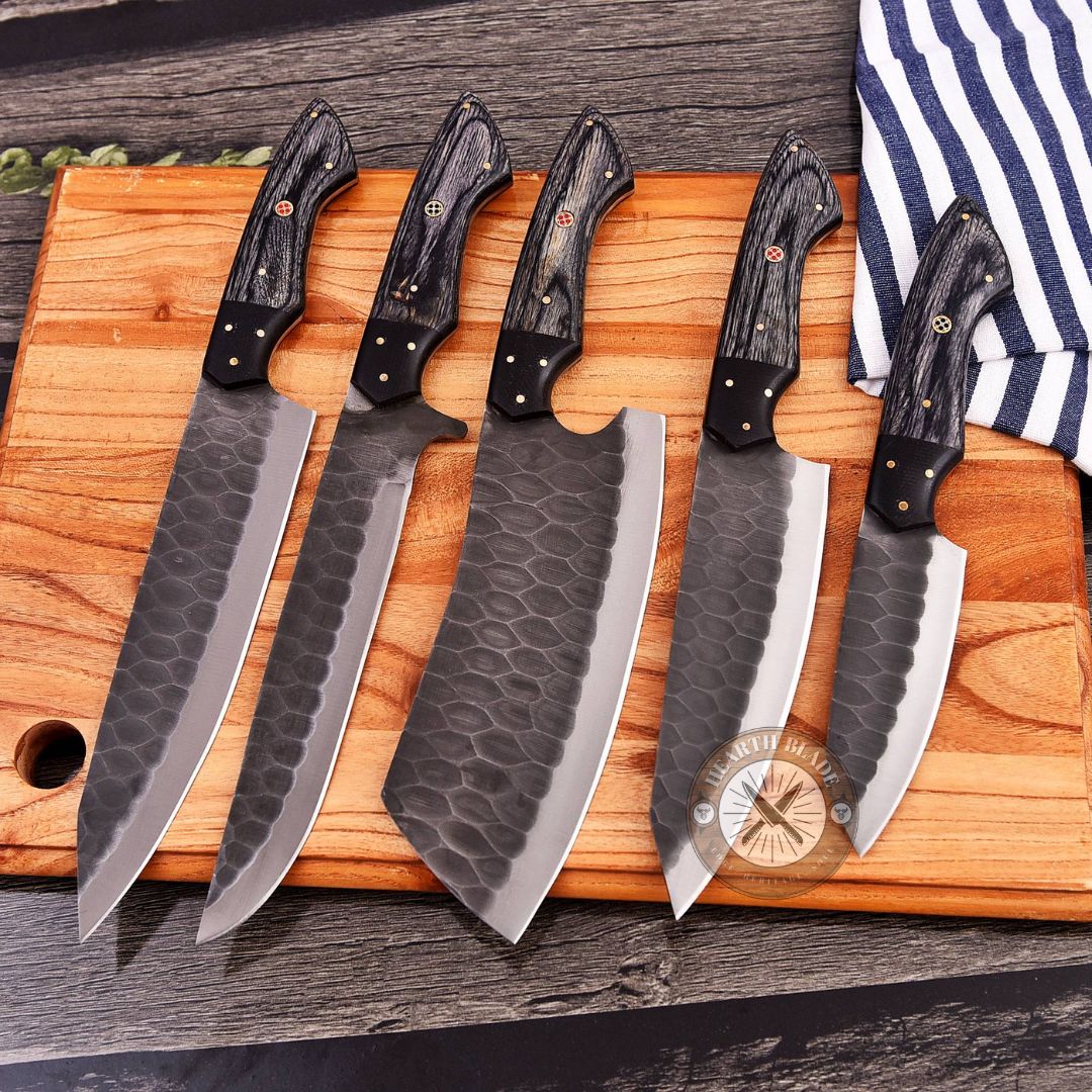 Hand Forged D2 Steel Chef Knife Set - 5 Piece Professional Kitchen Knives with Blackwood & steel Handle - Gift for Chefs, Home Cooks