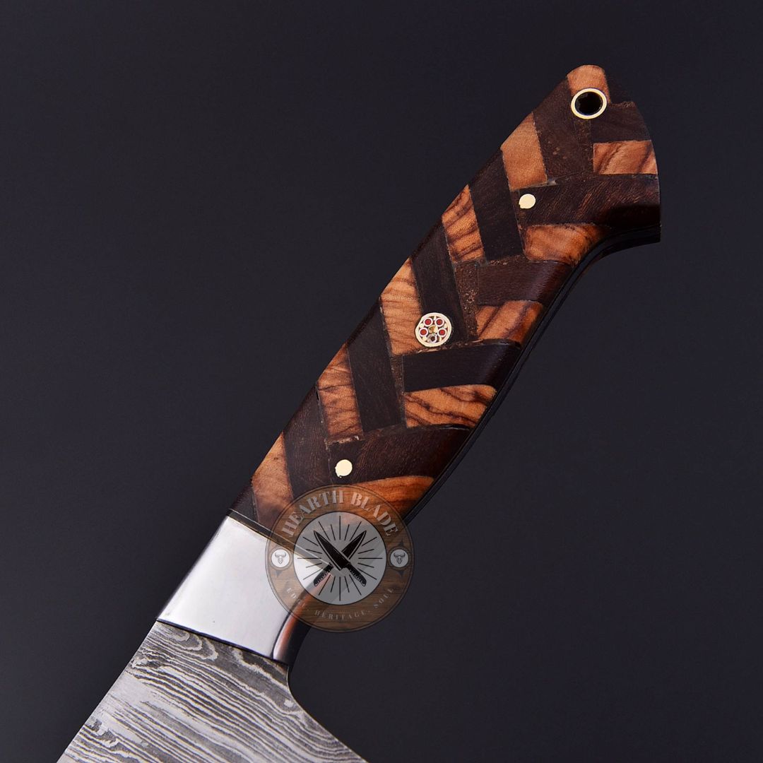 Artisan Crafted Damascus Steel Chef Knife – Hand-Forged with Olive Brown & Steel Handle