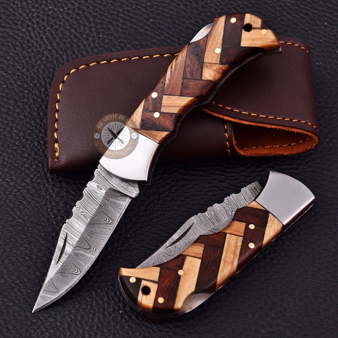 Custom Engraved Damascus Steel Folding Knife with Olive/brownwood & steel Handle - Personalized Gift for Men