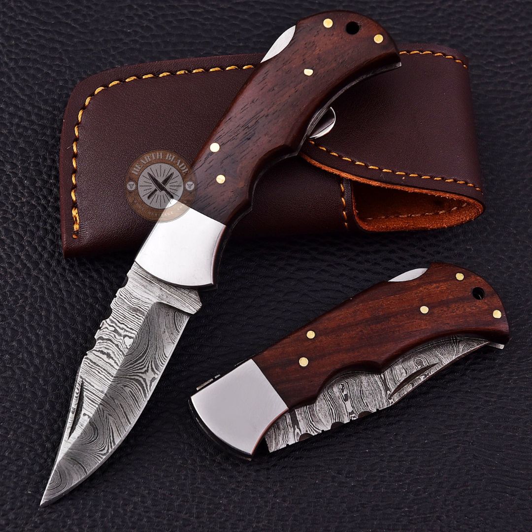 Custom Engraved Damascus Steel Folding Knife with Brownwood & steel Handle - Personalized Gift for Men