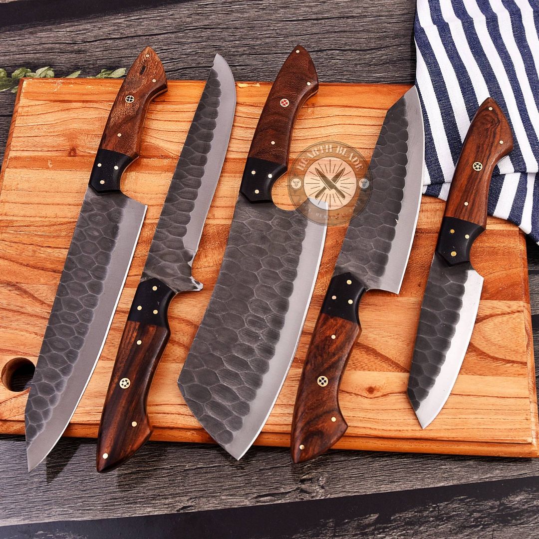 Hand Forged D2 Steel Chef Knife Set - 5 Piece Professional Kitchen Knives with Rosewood & steel Handle - Gift for Chefs, Home Cooks