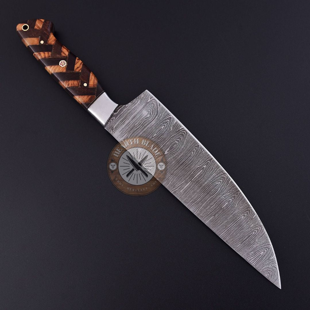 Artisan Crafted Damascus Steel Chef Knife – Hand-Forged with Olive Brown & Steel Handle