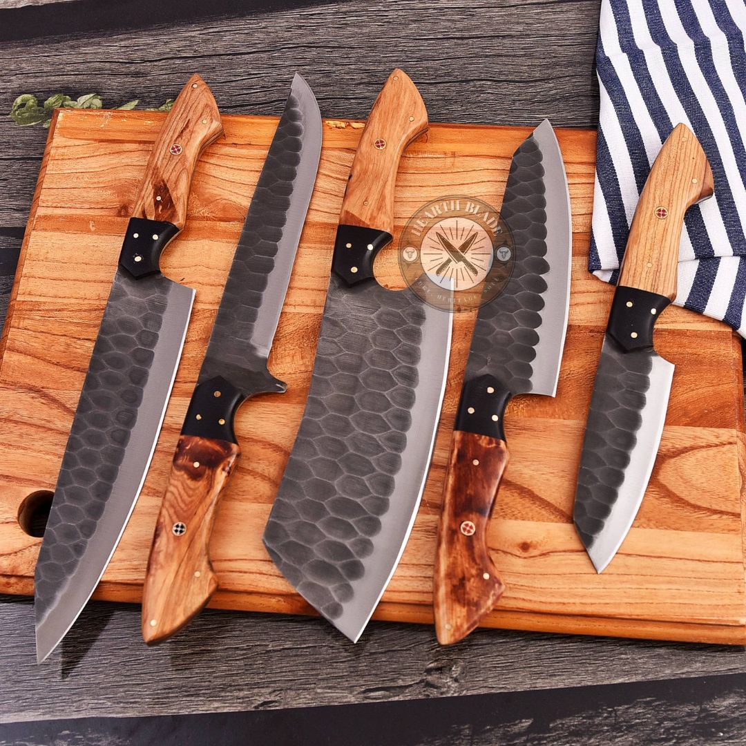 Hand Forged D2 Steel Chef Knife Set - 5 Piece Professional Kitchen Knives with Burlwood & steel Handle - Gift for Chefs, Home Cooks