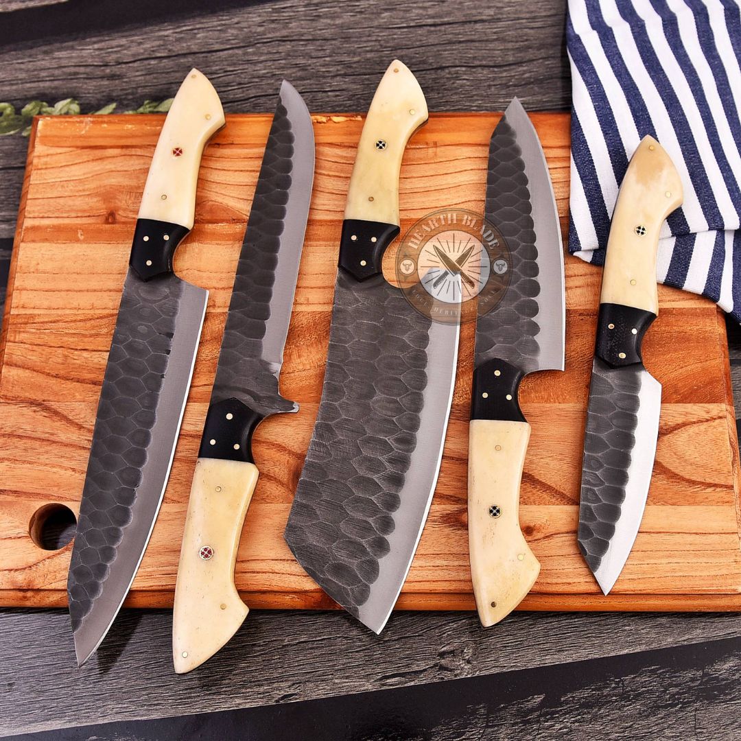 Hand Forged D2 Steel Chef Knife Set - 5 Piece Professional Kitchen Knives with Bonewood & steel Handle - Gift for Chefs, Home Cooks