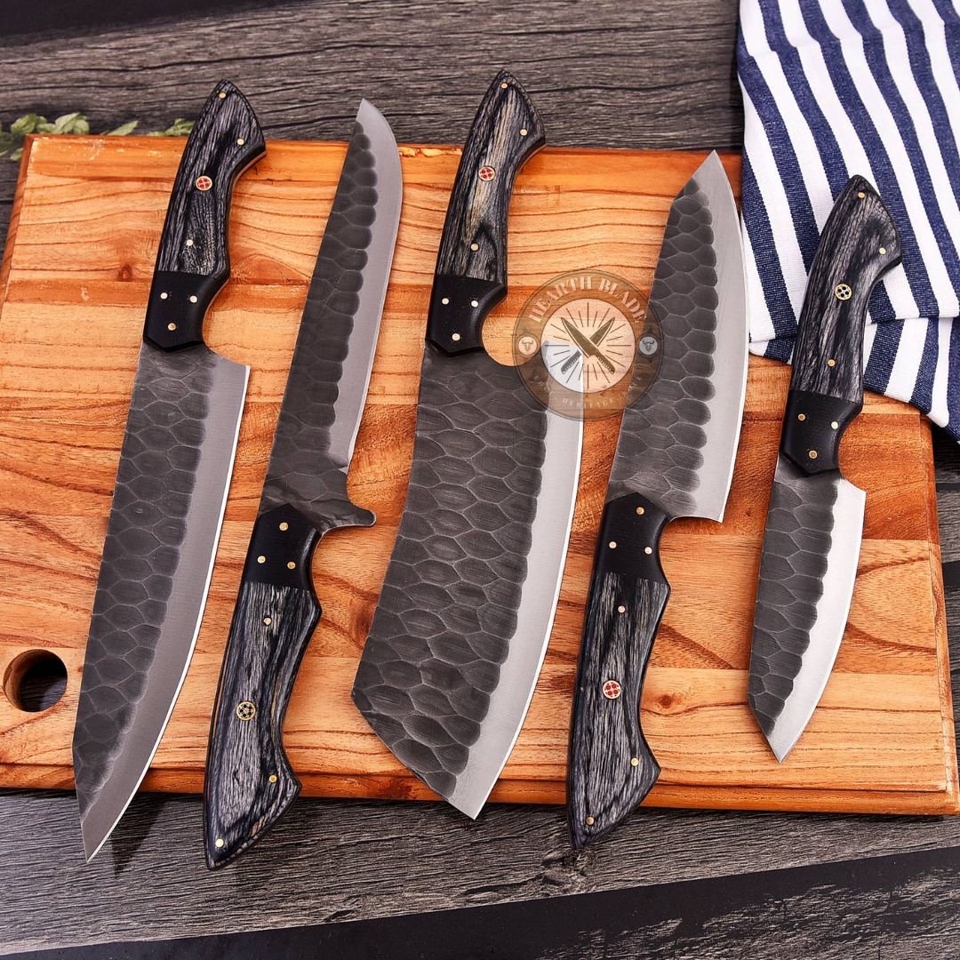 Hand Forged D2 Steel Chef Knife Set - 5 Piece Professional Kitchen Knives with Blackwood & steel Handle - Gift for Chefs, Home Cooks