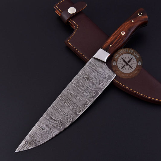 Artisan Crafted Damascus Steel Chef Knife – Hand-Forged with Rosewood & Steel Handle